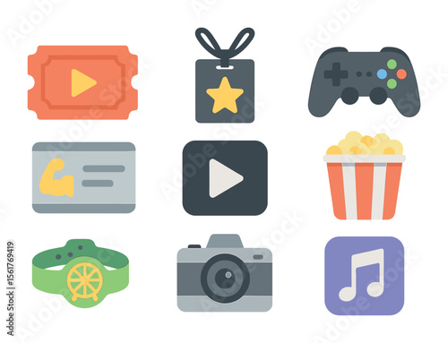 Entertainment Icons Grid. Flat icon set of entertainment and leisure spending: movie ticket, concert pass,