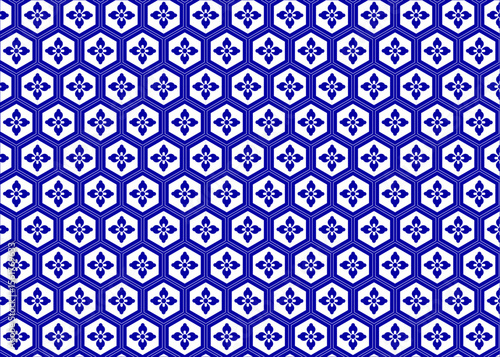 藍色の亀甲紋様 花柄のパターン 背景 壁紙素材のイラスト