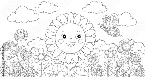 Adorable Sunflower and Butterfly Coloring Page Nature's Delight
