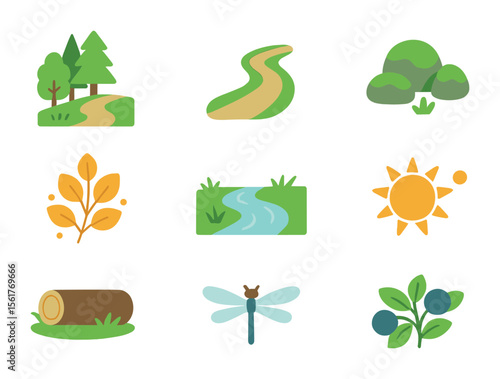 Nature Trail Icons. Flat icon set of peaceful nature trails: forest edge, path curves, mossy rocks, golden