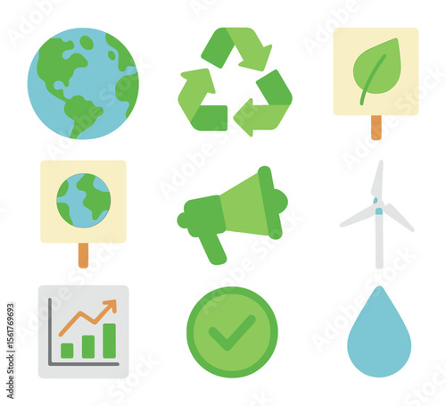 Environmental Icons Set. Flat icon set of environmental activism actions: earth globe, recycling sign, protest