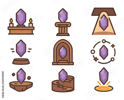 Mystical Crystal Chamber Icons. Flat icon set of sacred crystal chambers: crystal altar, ancient pillar,