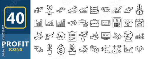 Vector art of a set of 40 profit icons, isolated on white background, showcasing various aspects of business growth and financial success