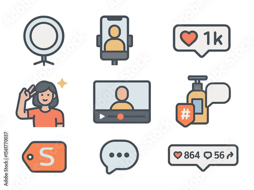 Influencer Marketing Icons. Flat icon set of influencer marketing essentials: ring light, smartphone on tripod