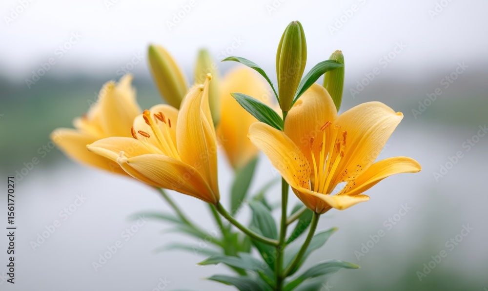 A serene natural setting provides the backdrop for two vibrant yellow lilies, which are illuminated by soft sunlight and stand out from the blurred green foliage A serene natural setting provides the backdrop for two vibrant yellow lilies, which are illuminated by soft sunlight and stand out from the blurred green foliage