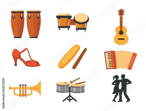 Latin Rhythms Icon Set. Flat icon set of Latin American rhythms: congas, bongo drums, acoustic guitar, salsa