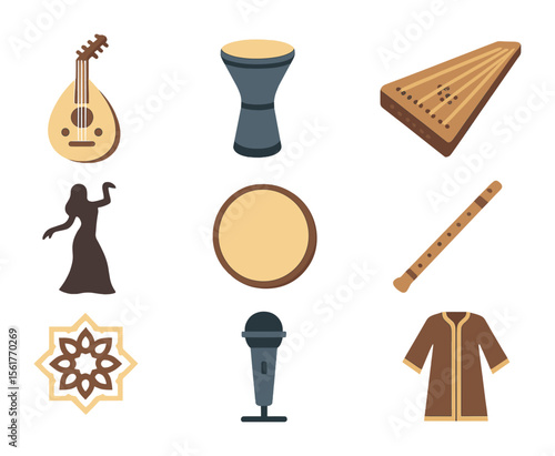 Middle Eastern Music Icons. Flat icon set of Middle Eastern musical culture: oud, darbuka, qanun, dancer