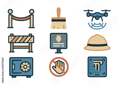 Cultural Preservation Icons. Flat icon set of cultural preservation efforts: barrier rope, restoration brush,