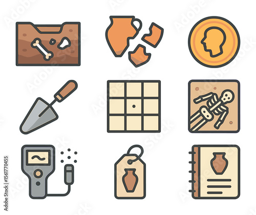 Archaeology Icon Set. Flat icon set of archaeological site elements: excavation site, pottery shards, ancient