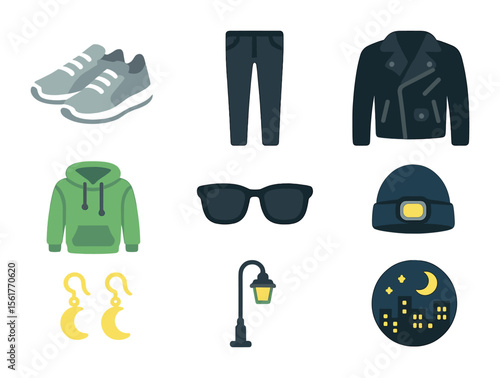 Nighttime Fashion Icons. Flat icon set of nighttime street fashion: reflective sneakers, black skinny jeans,