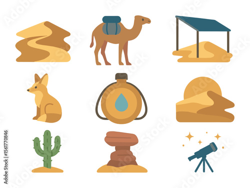 Desert Ecotourism Icons. Flat icon set of desert ecotourism: sand dune path, camel with gear, solar shade tent