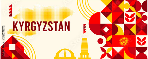 Kyrgyzstan Banner Design with map and national symbols, geometric shapes