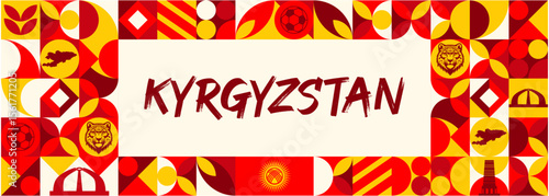 Kyrgyzstan Banner Design with map and national symbols, geometric shapes