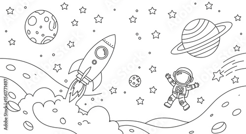 Astronaut, Rocket, and Planets  Space Exploration Coloring Page