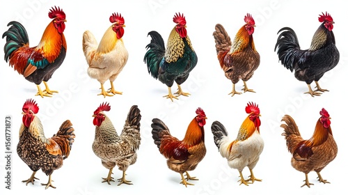 Ten pictures of large-bodied rooster on a white background 