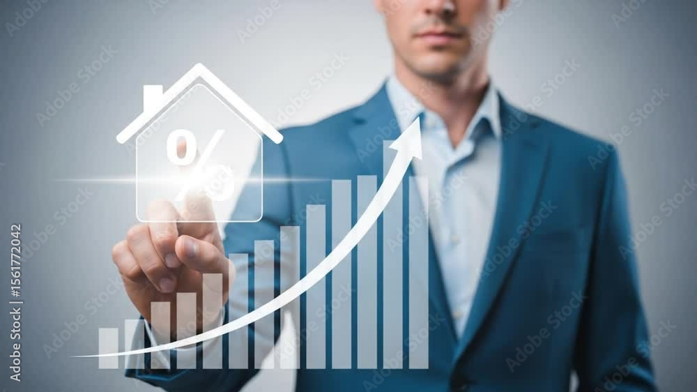 A man interacting with a housing market projection, with a graph and house symbol. The upward arrow signifies growth in property value, reflecting positive market trends. A man interacting with a housing market projection, with a graph and house symbol. The upward arrow signifies growth in property value, reflecting positive market trends.