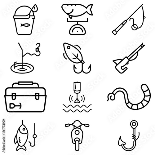 Illustration of various fishing equipment and related items in outline style icons set for design use