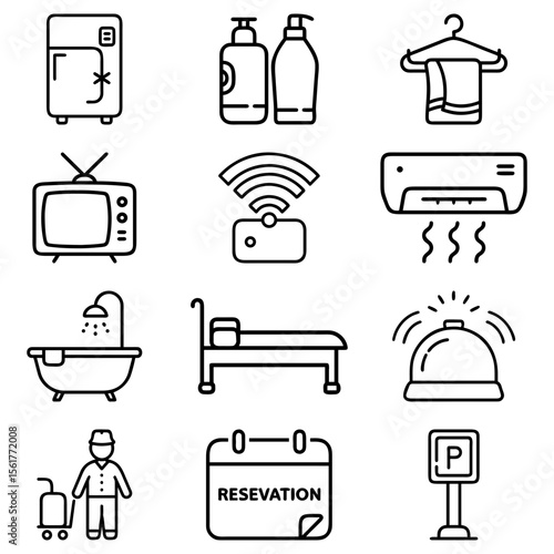 Illustration of hotel amenities icons including safe, toiletries, tv, wifi, ac, and service bell icons
