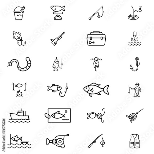 Illustration showing various fishing equipment and activities like rods, fish, hooks and other gear icons