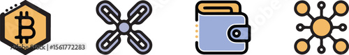 Bitcoin symbol, fidget spinner, wallet, and network icons in a flat design style on white background