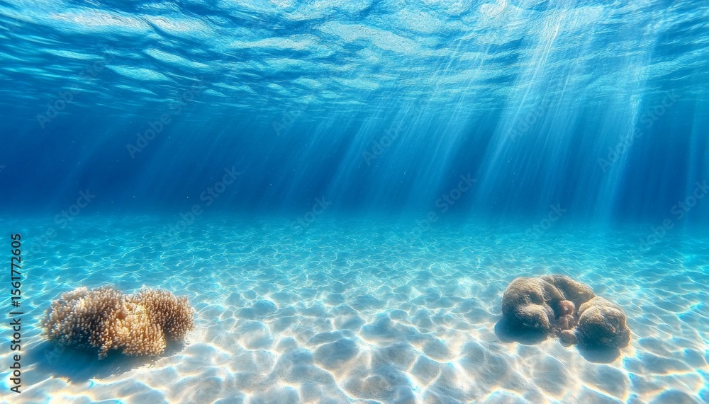 Fototapeta premium Tranquil Blue Seascape with Sunlit White Sand Bottom and Vibrant Live Stones for Summer Bliss