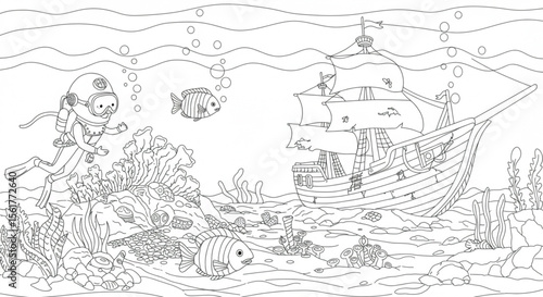 Undersea Adventure Diver, Shipwreck, and Colorful Reef Coloring Page