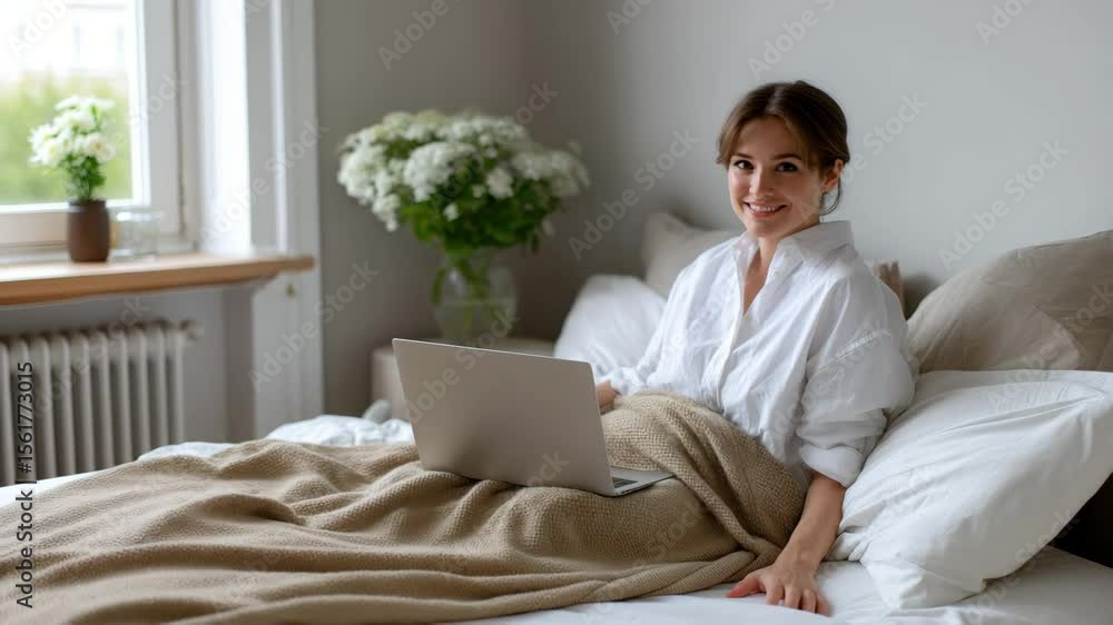 Woman Working on Laptop in Bed Smiles at Camera with Natural Morning Light Woman Working on Laptop in Bed Smiles at Camera with Natural Morning Light
