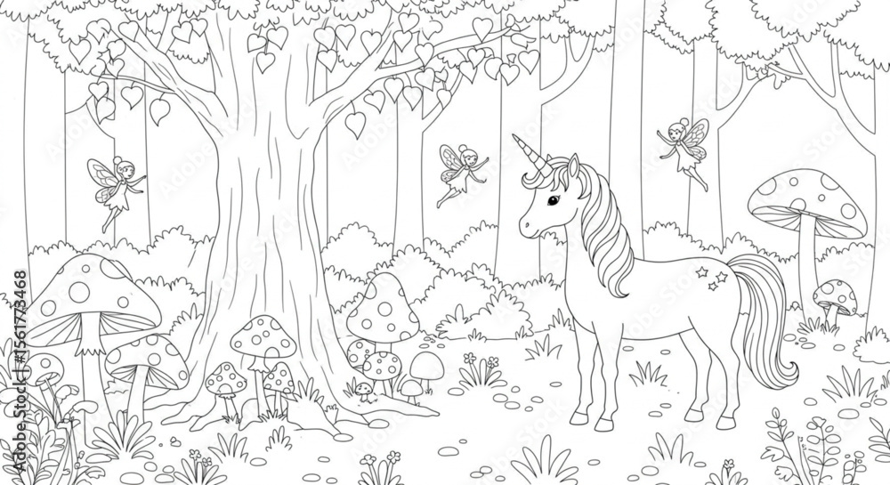 Obraz premium Enchanted Unicorn Forest A Magical Coloring Page