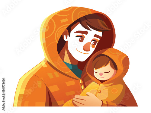 Loving father holding his sleeping child warmly in orange hooded jackets isolated on white background
