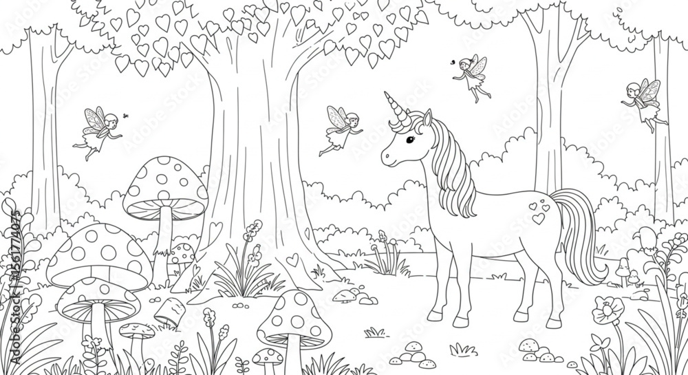 Fototapeta premium Enchanted Unicorn in a Magical Forest A Coloring Page