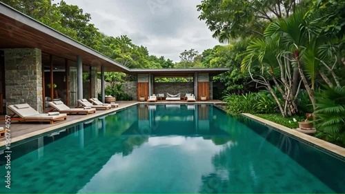 Wallpaper Mural Luxurious tropical villa with a large emerald swimming pool and lounging area Torontodigital.ca