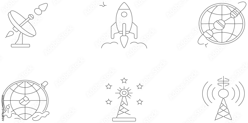 Fototapeta premium Modern tecnology of icon set about to satelite and space connection with communication futuristic design, black line icon set of design and art related to join connection.