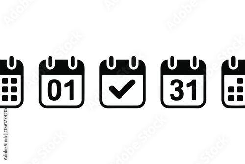 Collection of calendar icons with dates and checkmark silhouette isolated on white background