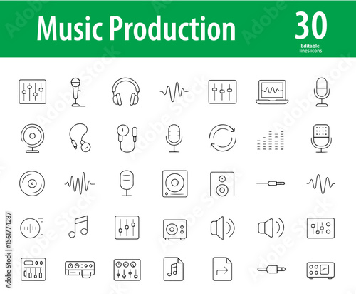 Music Production Line Icons, Audio Mixer, Headphones, Microphone, Sound Waves, Studio Monitor, Recording, Editing Software, and More, Editable Formats: AI, EPS, JPG, PNG, Ideal for Both Digital