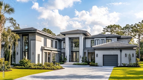 Zooming out on the exterior of a luxury grey home in Orlando, Florida.