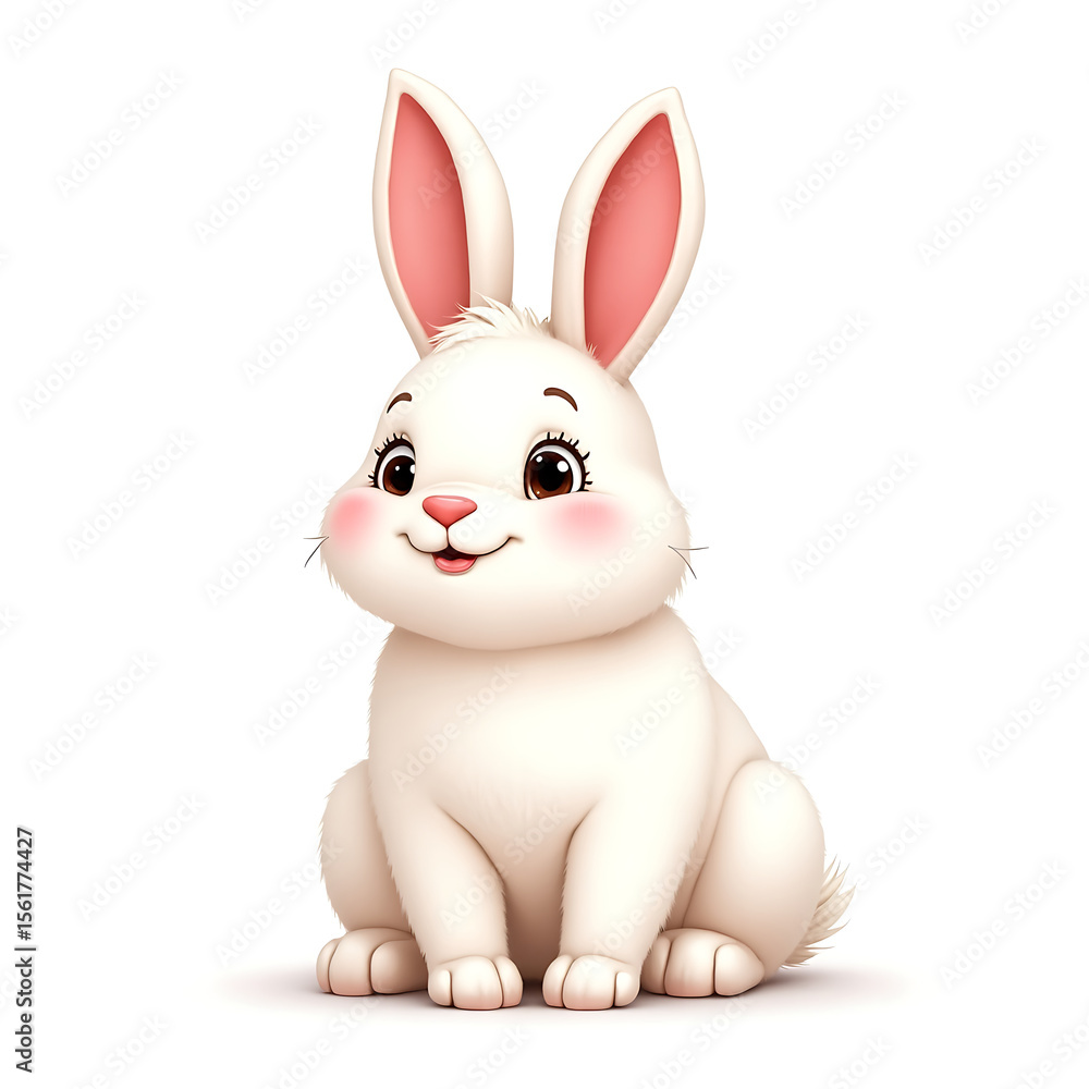 Obraz premium Adorable White Bunny Rabbit Illustration, Cute Cartoon Hare Sitting