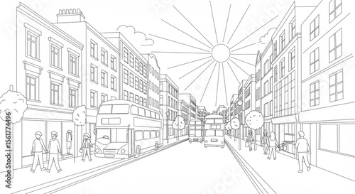 Sunlit City Street Line Drawing of Urban Architecture and Transportation