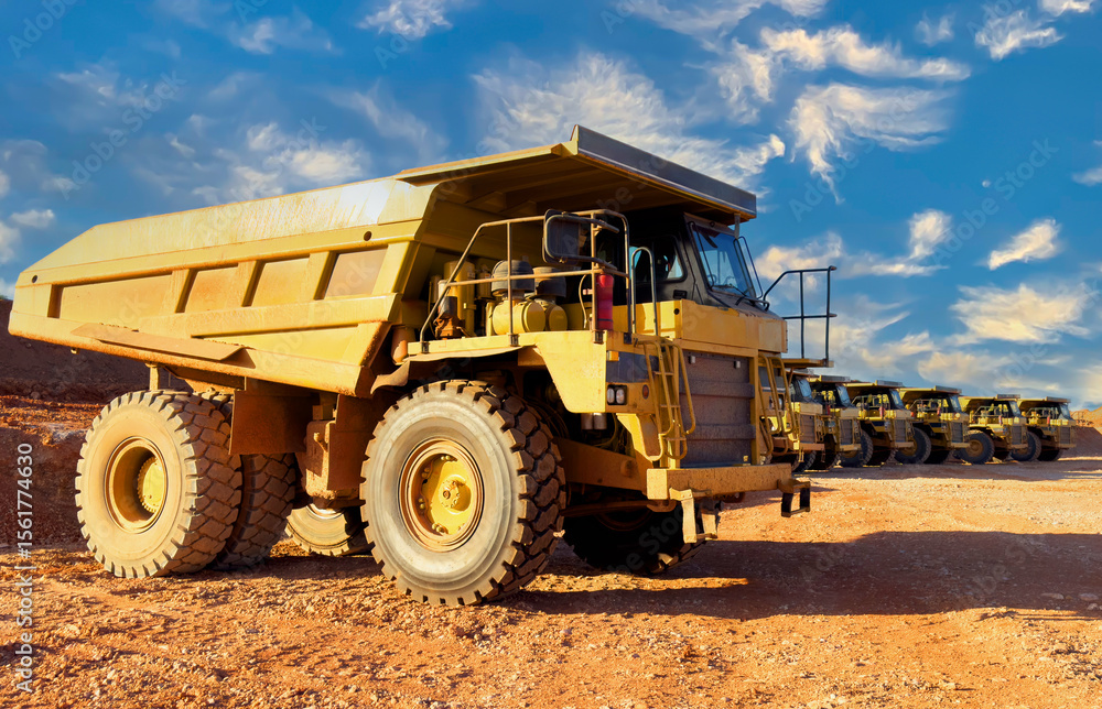 Obraz premium Mining truck in open-pit mining. Heavy machinery Construction equipment. Haul truck at construction site. Mining civil works, Earthmoving. Off highway Trucks on construction. Haul dump truck on sunset