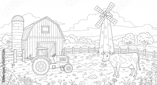 Farm Scene Coloring Page Tractor, Barn, Cow, Windmill Illustration