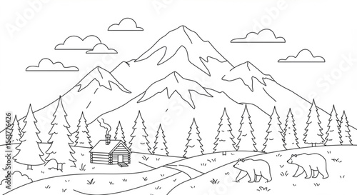 Serene Mountain Cabin Illustration Line Art of Majestic Peaks, Forest, and Bears