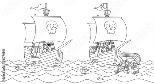 Pirate Ships Sailing the Open Sea A Coloring Page Illustration