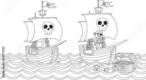 Jolly Roger Pirate Ships Sailing the Seas  A Black and White Illustration