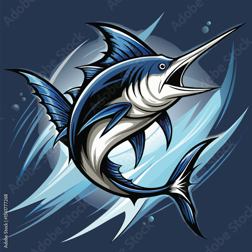 Dynamic blue marlin fish leaping from water with sharp fins and bill