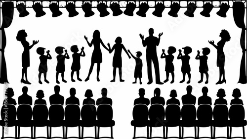 Silhouette of a stage performance with audience and performers under spotlights and curtains