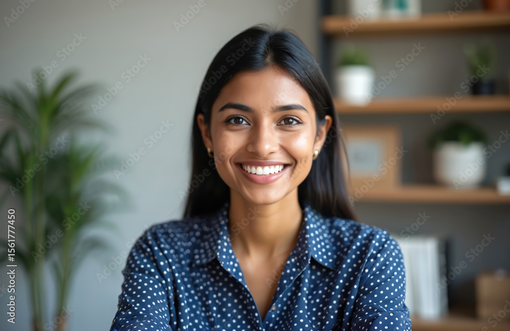 Smiling young Indian businesswoman headshot portrait. Confident ethnic pro employee looking at camera, posing indoors. Happy woman wearing shirt during video call. Portrait of a leader. Smiling young Indian businesswoman headshot portrait. Confident ethnic pro employee looking at camera, posing indoors. Happy woman wearing shirt during video call. Portrait of a leader.