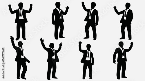Silhouette collection of business people in suits raising their arms in various celebratory poses