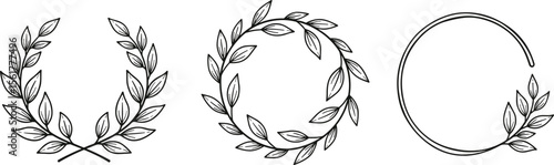 Set of laurel wreath design elements. Black circle border vector ornaments.
