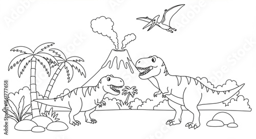 Prehistoric World T-Rex Dinosaurs Coloring Page Illustration