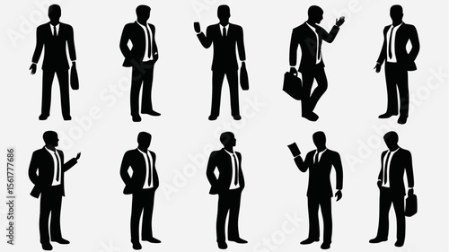 Silhouettes of ten businessmen in suits and ties in various poses and with briefcases on white background