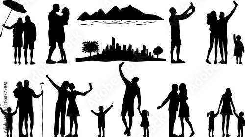Silhouette image showing couples families and people taking selfies with a landscape background view scene
